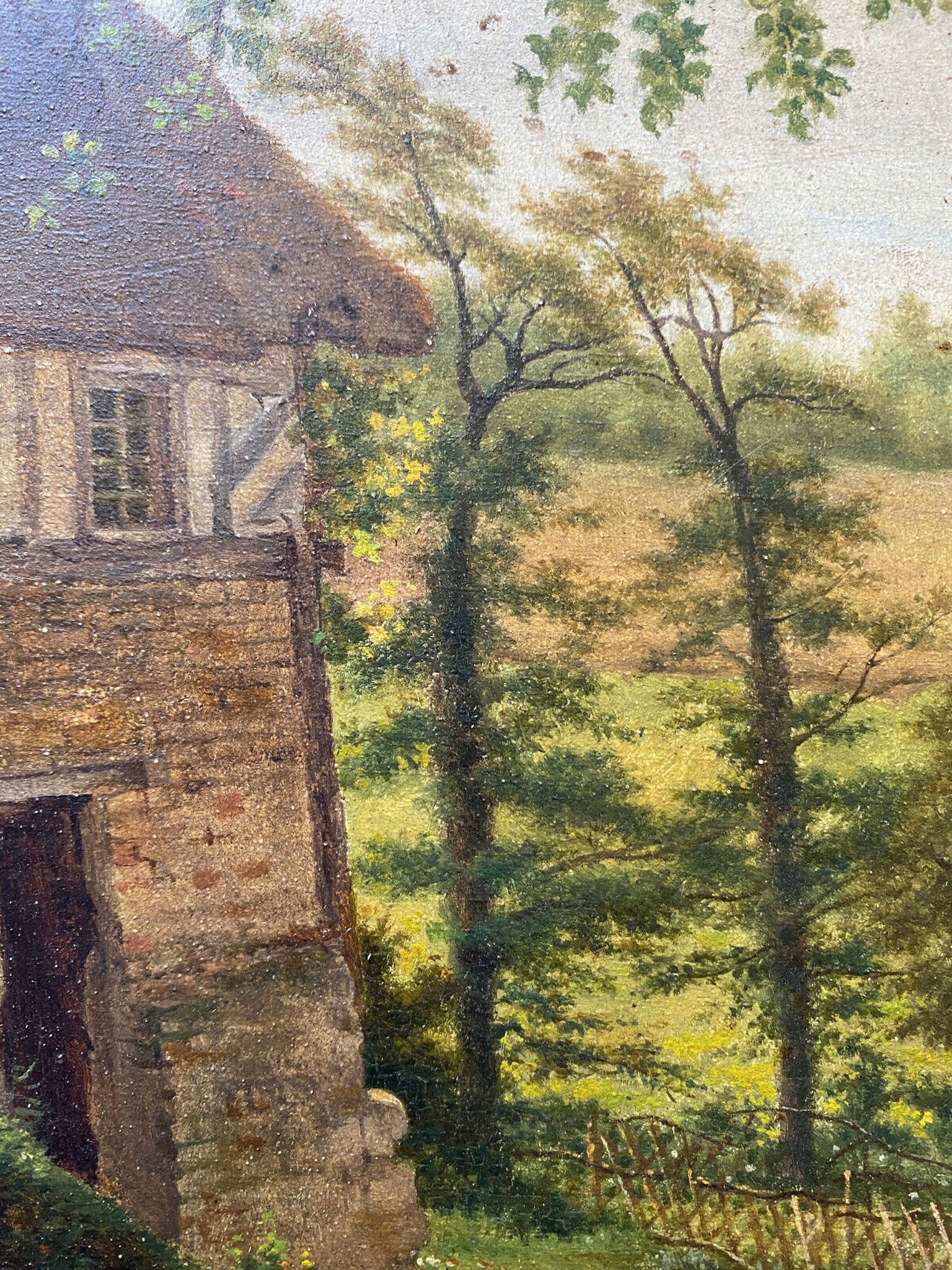 Table XIX° century, farm with thatched roof in the woods", signed Delattre