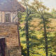Table XIX° century, farm with thatched roof in the woods", signed Delattre