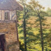 Table XIX° century, farm with thatched roof in the woods", signed Delattre