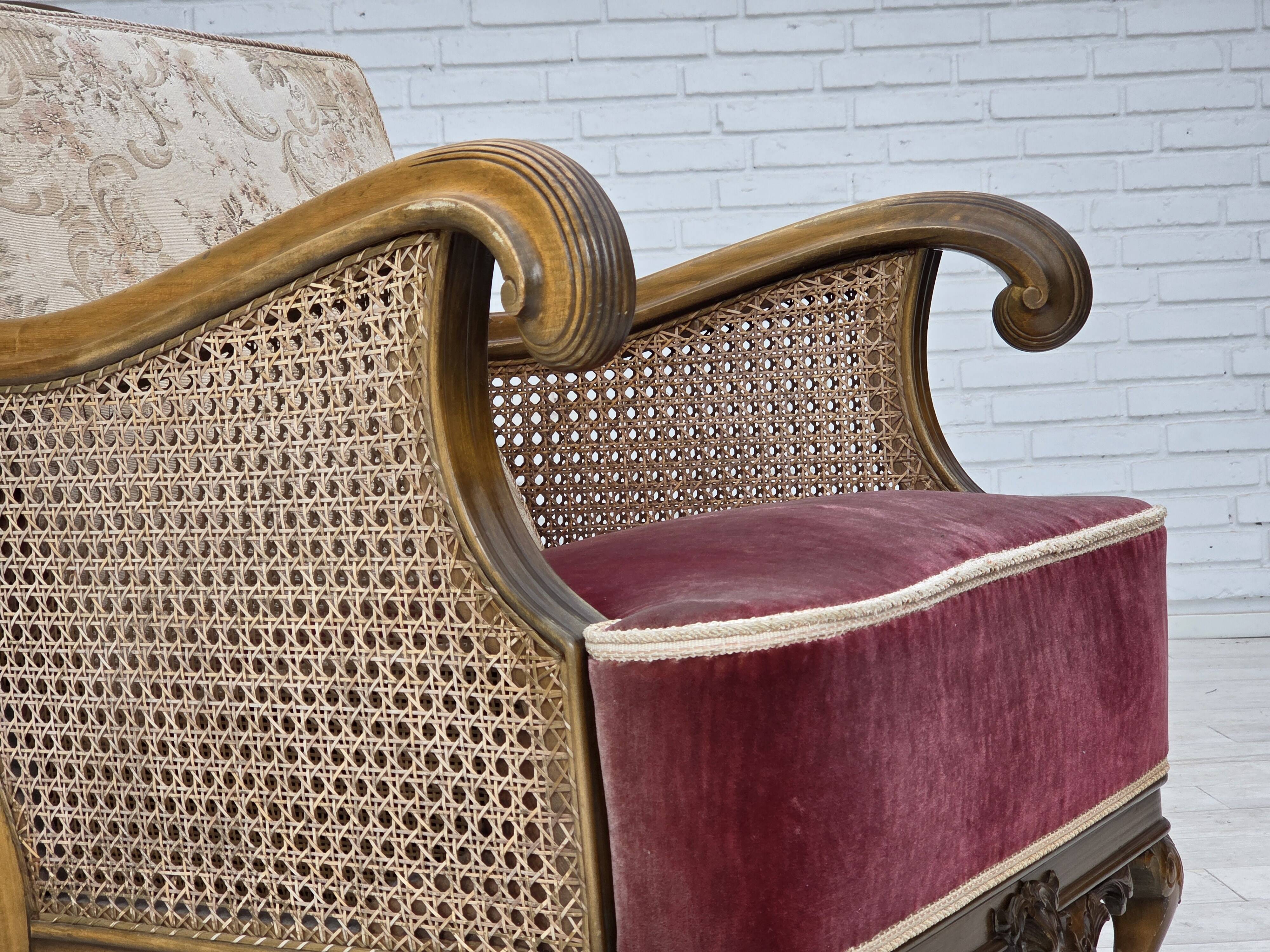 1940s, Danish armchair, woven wool, velour, mesh, carved oak wood.