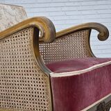 1940s, Danish armchair, woven wool, velour, mesh, carved oak wood.