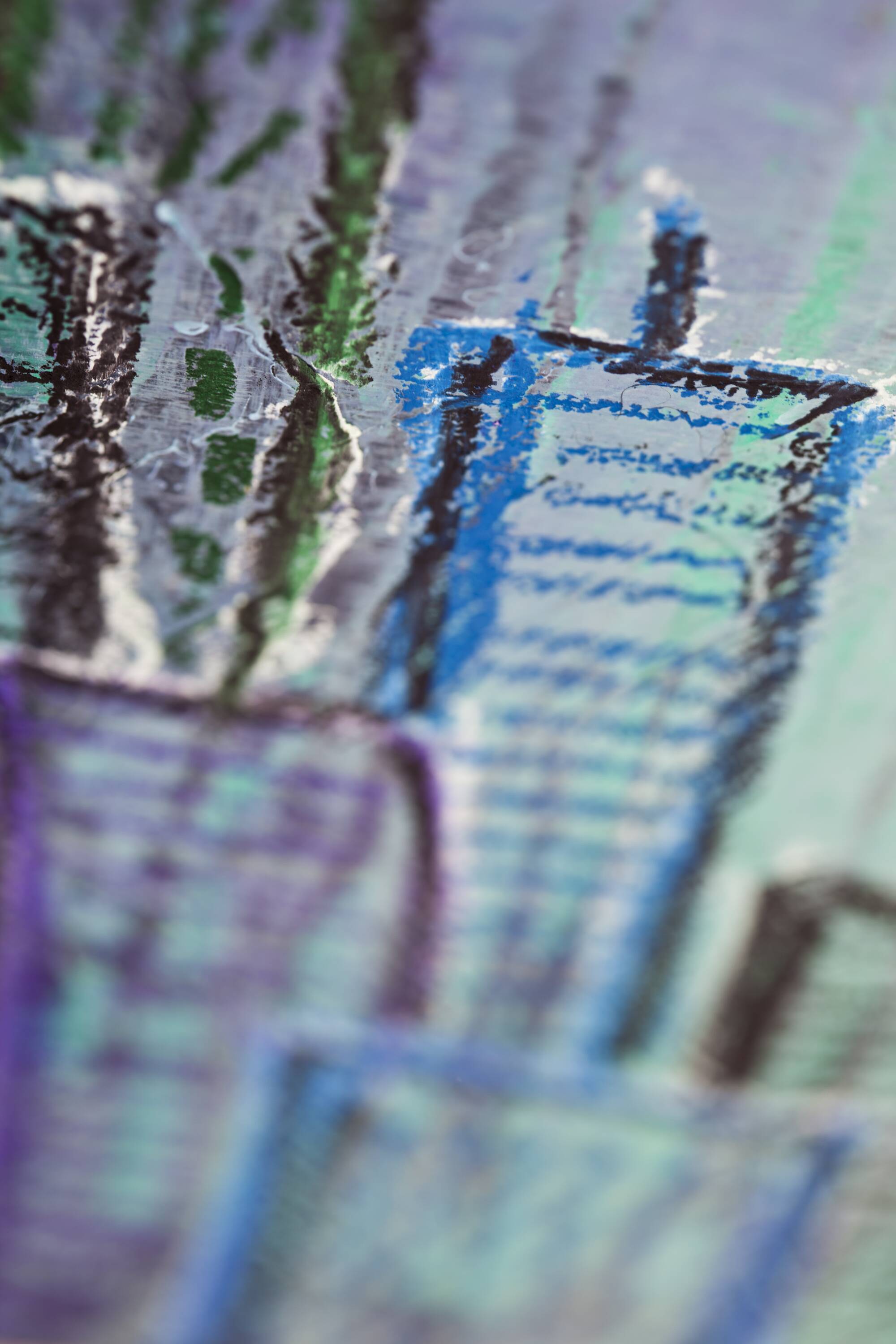 Contemporary paintig in teal, purple and green shades, acrylic on canvas