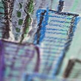 Contemporary paintig in teal, purple and green shades, acrylic on canvas