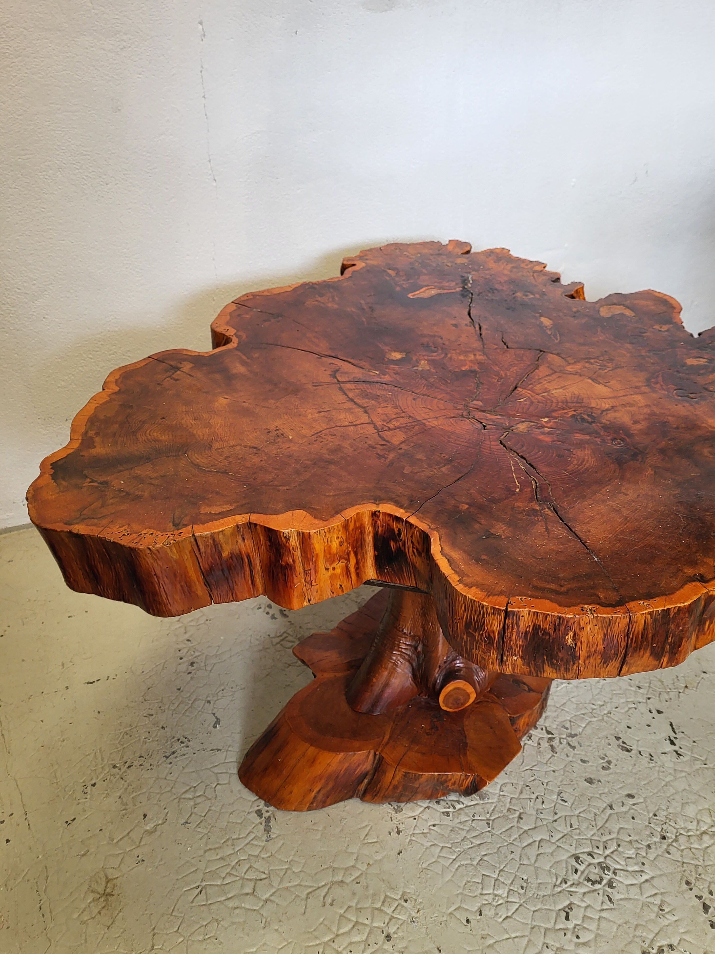 Brutalist table trunk old elm magnifying glass