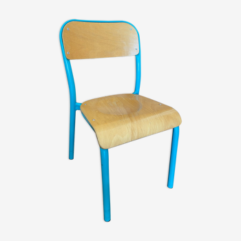 Turquoise blue metal and wood school chair