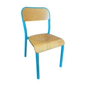 Turquoise blue metal and wood school chair