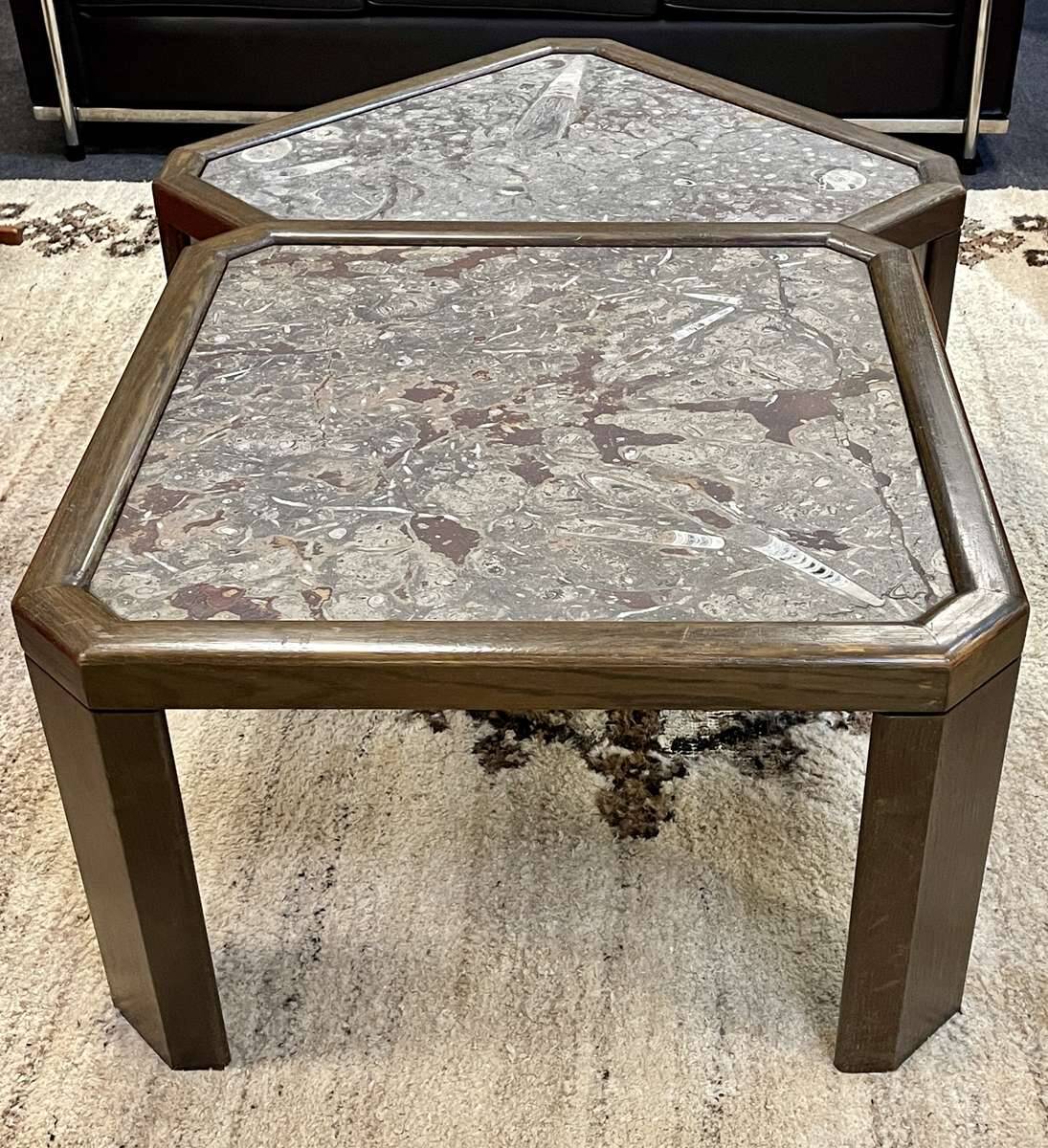 Pair of coffee tables in oak and fossil stone