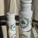 A pair of white glass bottles with Italian green patterns.