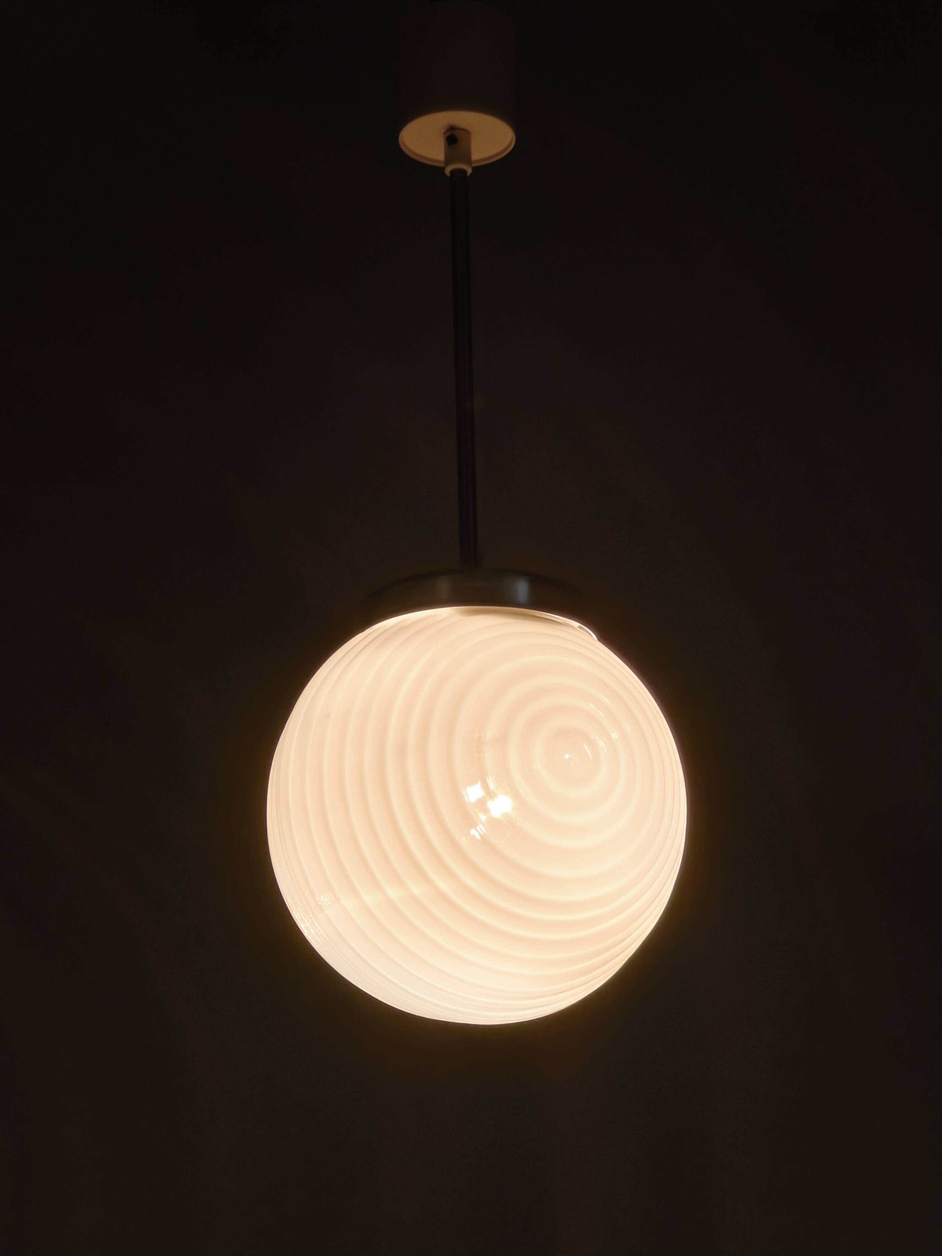 Czechoslovak Ribbed Opaline Glass Pendant Light, 1970s