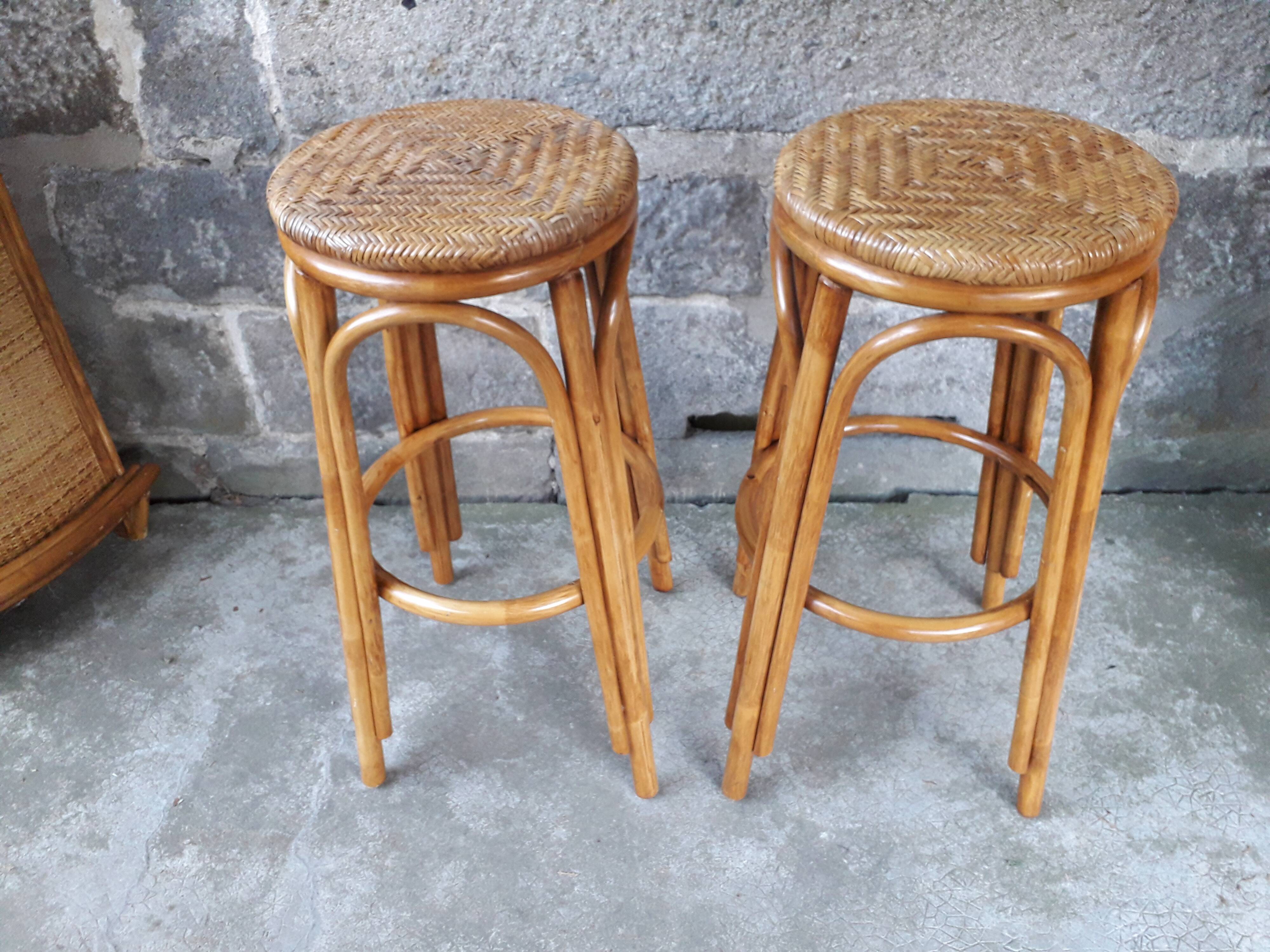 Bar en rotin vintage & ses tabourets