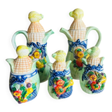 Vintage ceramic condiment set, barbotine: Salt, pepper, sugar, oil and vinegar