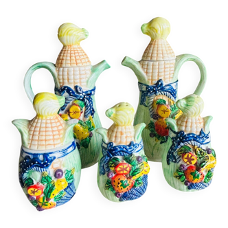 Vintage ceramic condiment set, barbotine: Salt, pepper, sugar, oil and vinegar