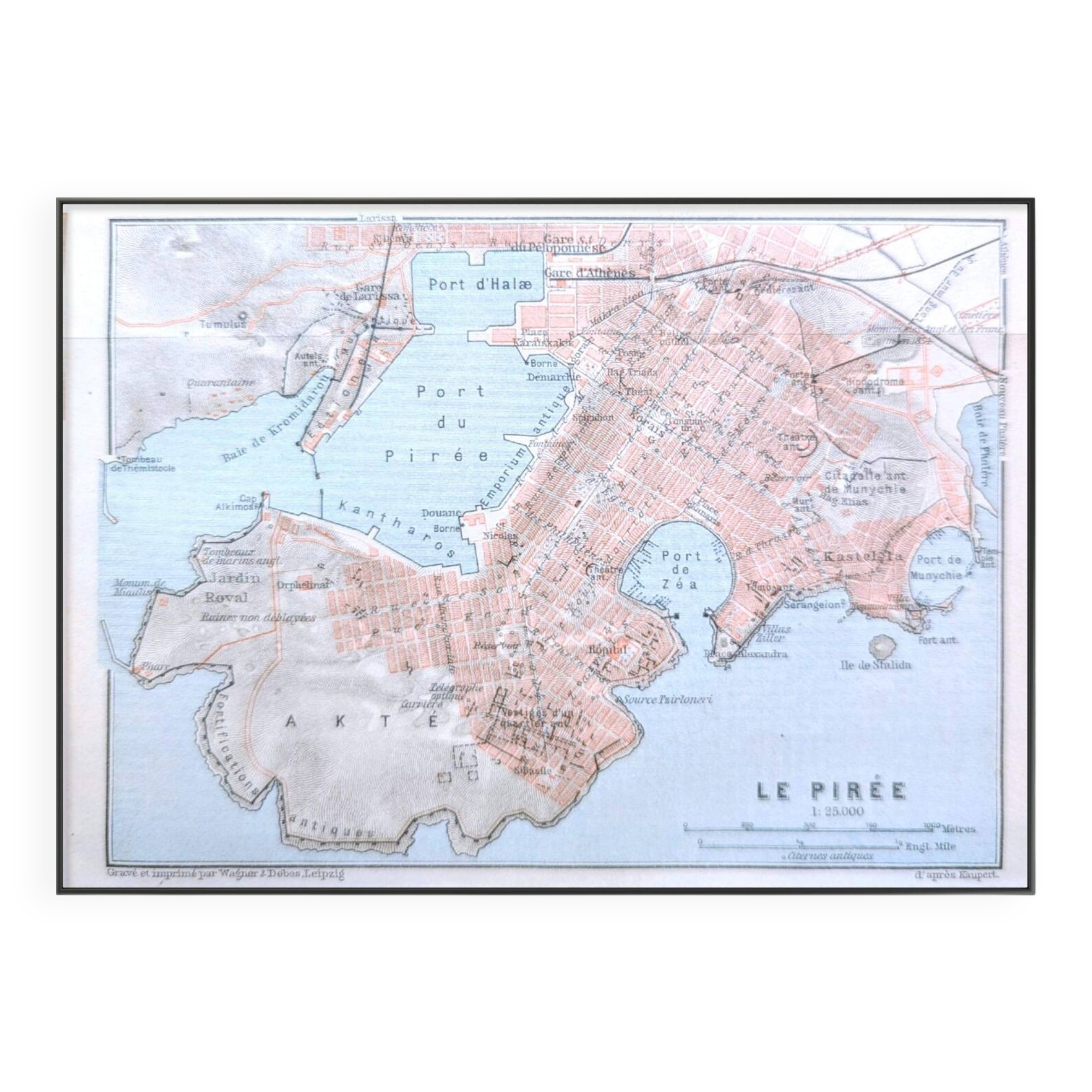 Le Pirée, Athènes, petit plan original imprimé en 1910