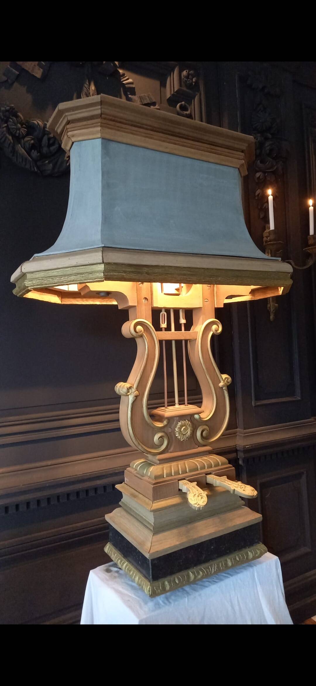 Monumental lyre lamp in oak and zinc (unique piece) 120cm in height.