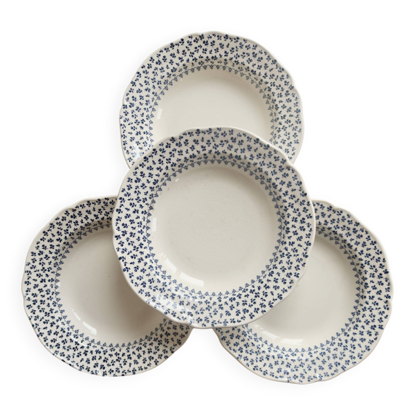 4 assiettes creuses vintage Gien – Faïence ivoire à fleurettes bleues