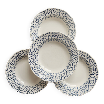 4 assiettes creuses vintage Gien – Faïence ivoire à fleurettes bleues