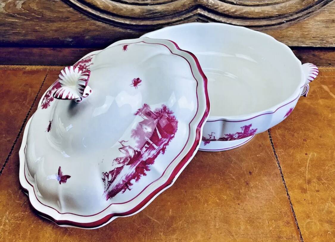 Old small Gien earthenware vegetable soup tureen, pink landscape model