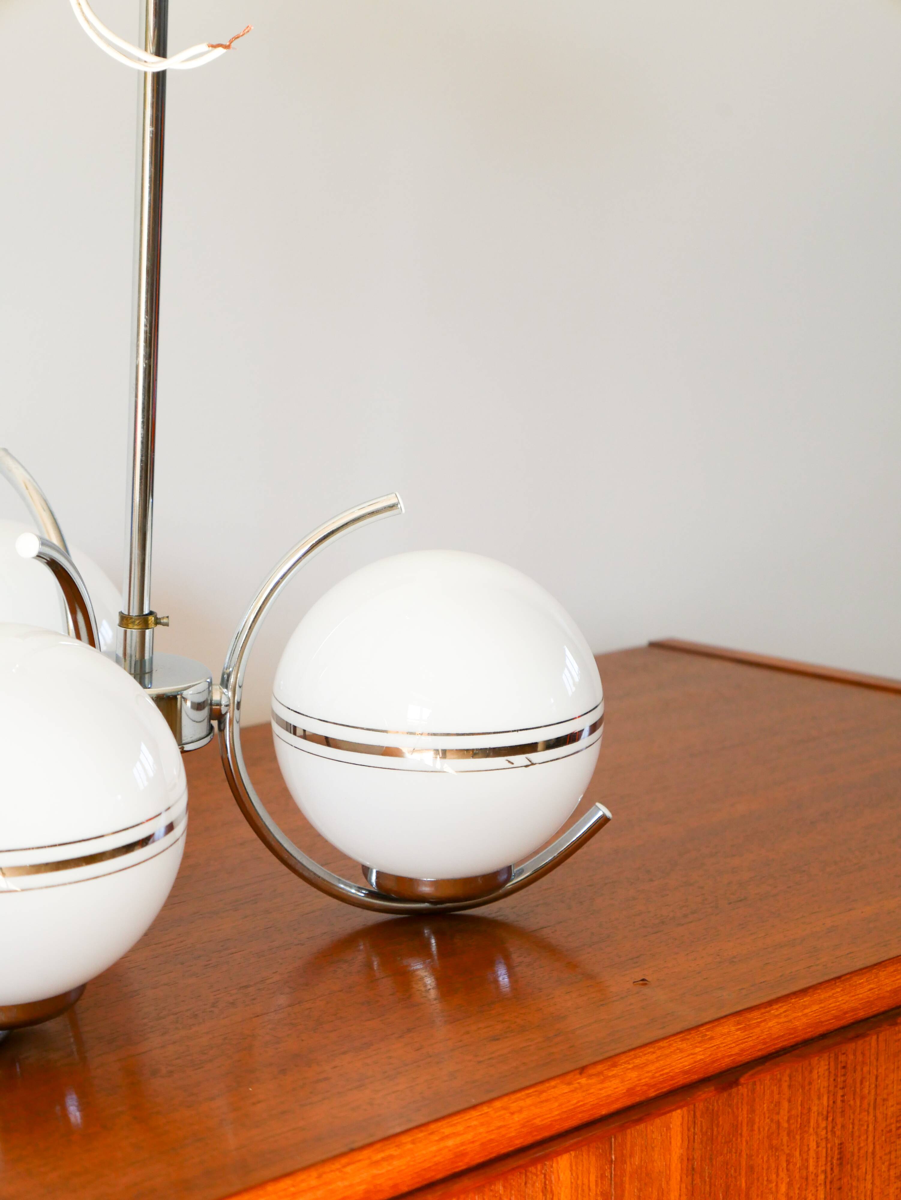 Suspension with 3 lights in opaline and chrome, Art Deco, 1940.