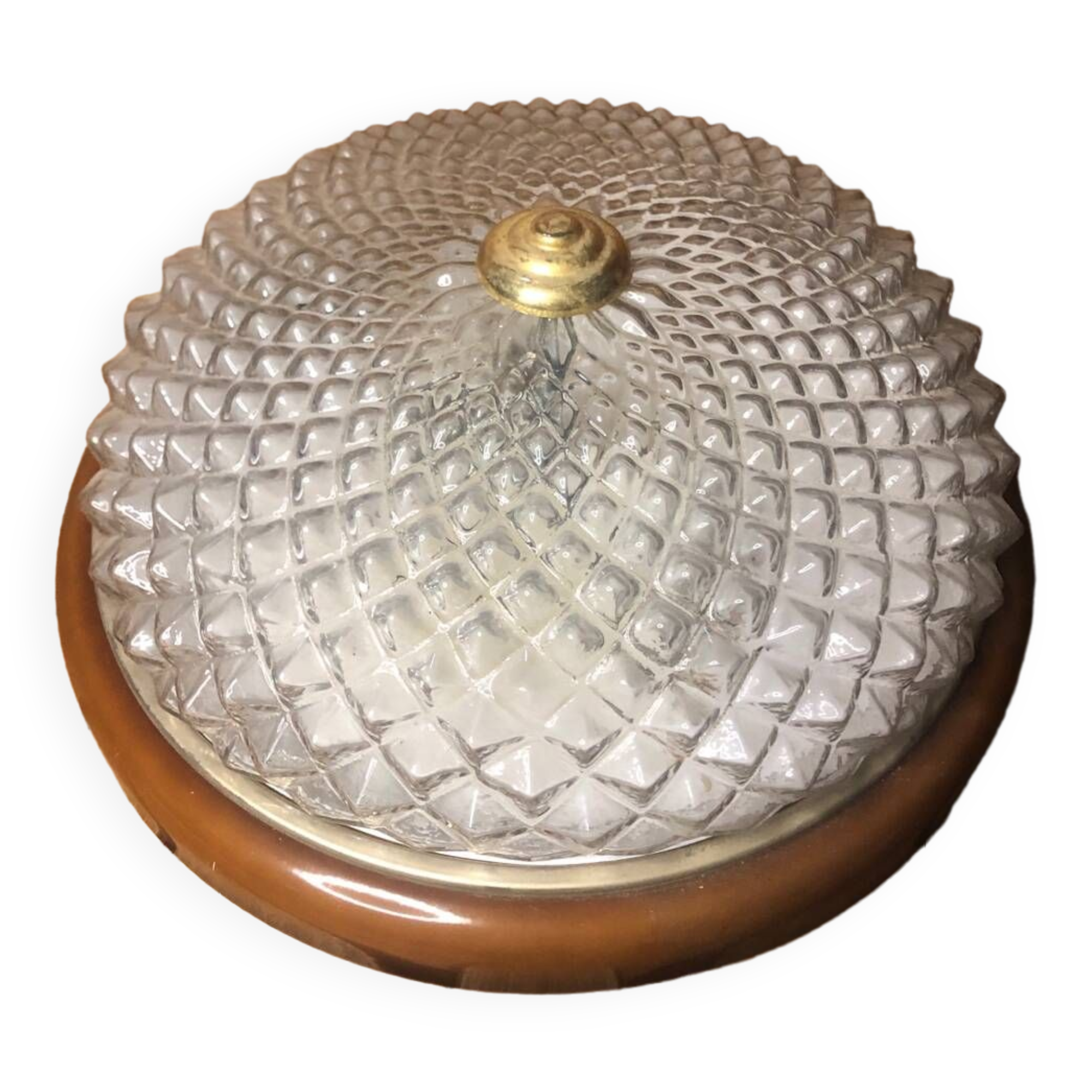 Old molded glass ceiling light + brown & gold metal contour vintage