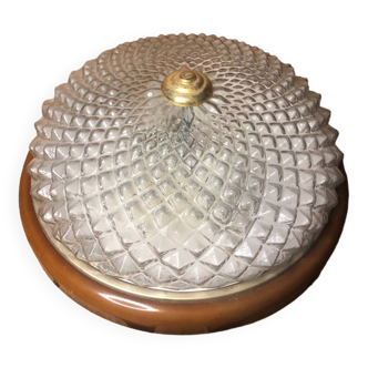 Old molded glass ceiling light + brown & gold metal contour vintage