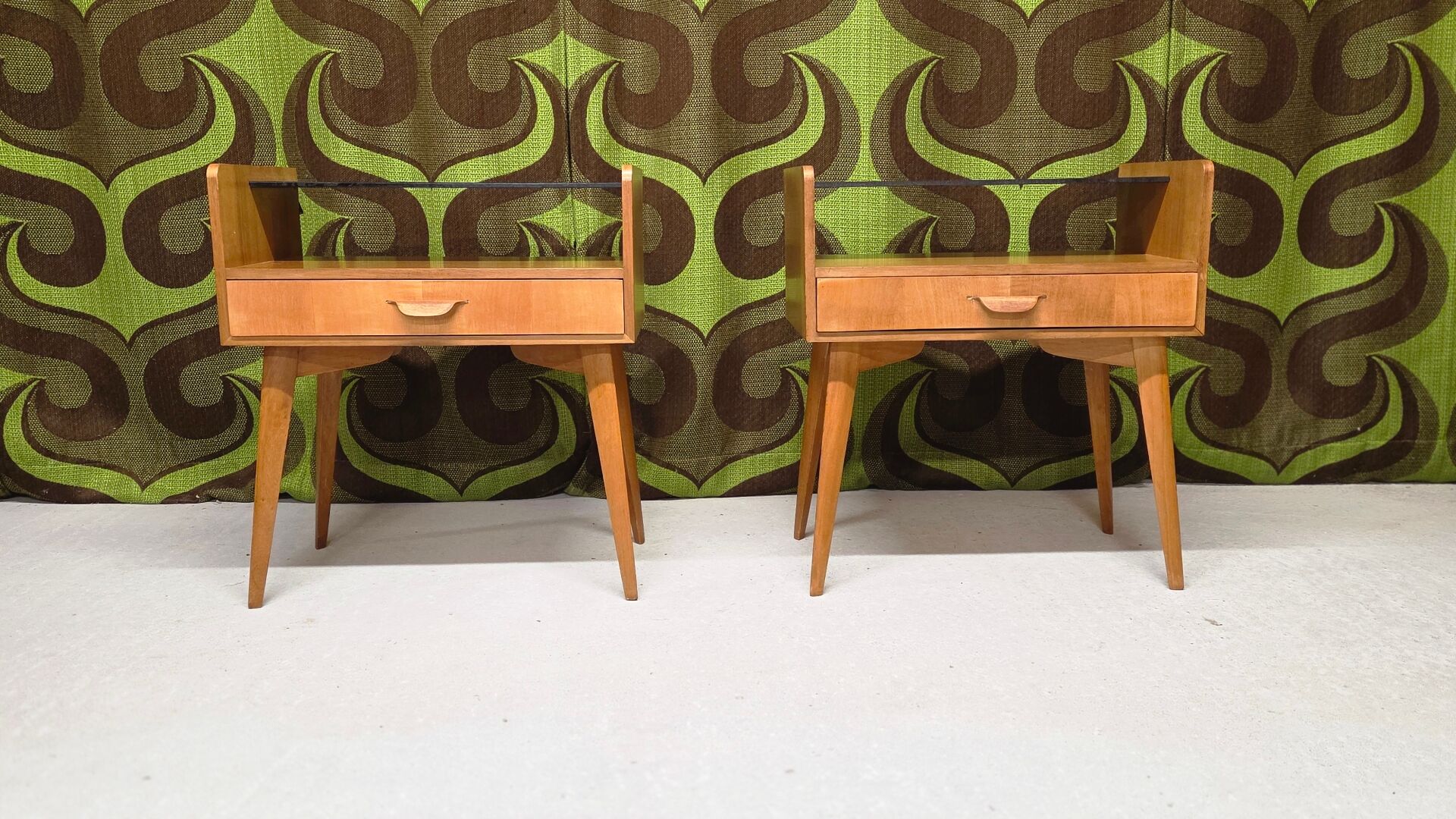 Many bedside tables, vintage, Scandinavian, light wood, 1960s.