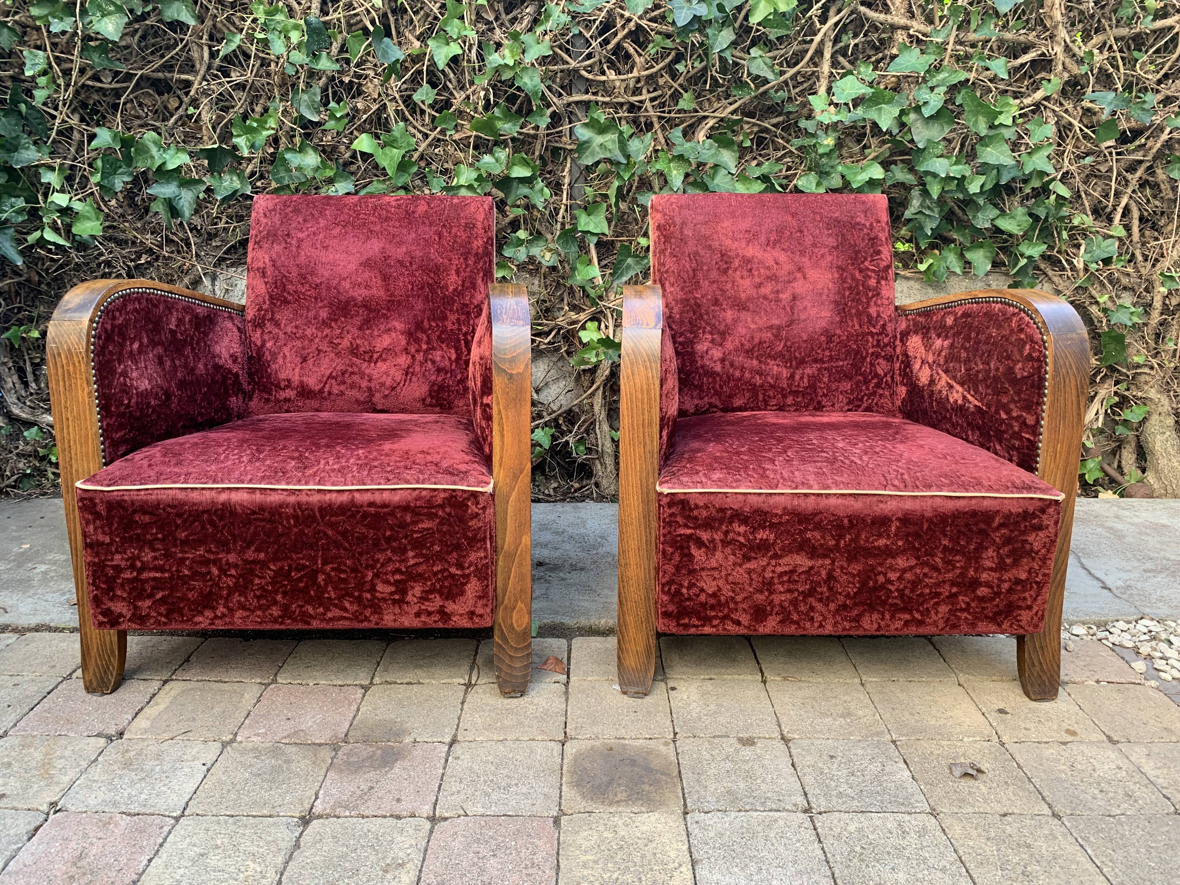 Pair of Art Deco club armchairs in burgundy red velvet, 1930s