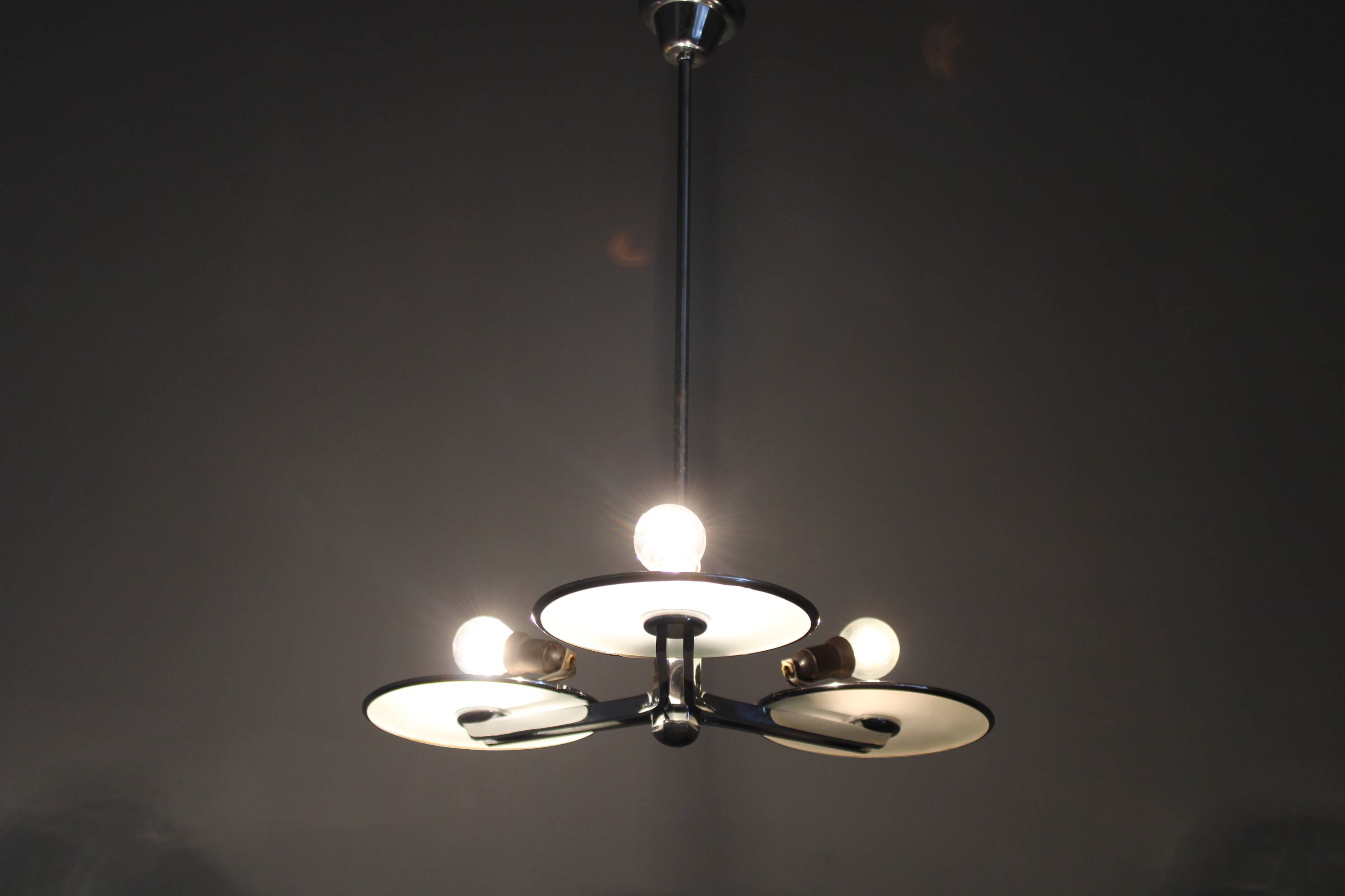 Restored Bauhaus or Art Deco chrome and glass chandelier, Czechoslovakia