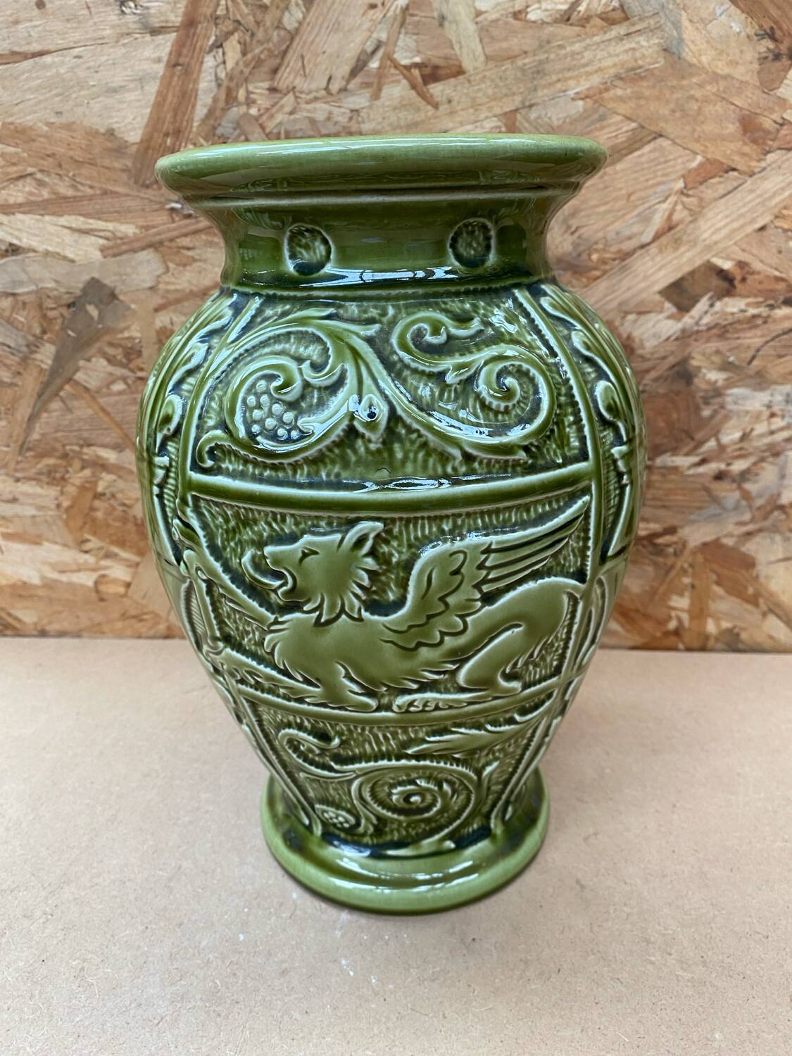 Antique ironstone vase green ceramic relief decor made in england vintage