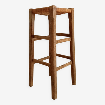 Tabouret haut vintage en chêne massif assise paillé