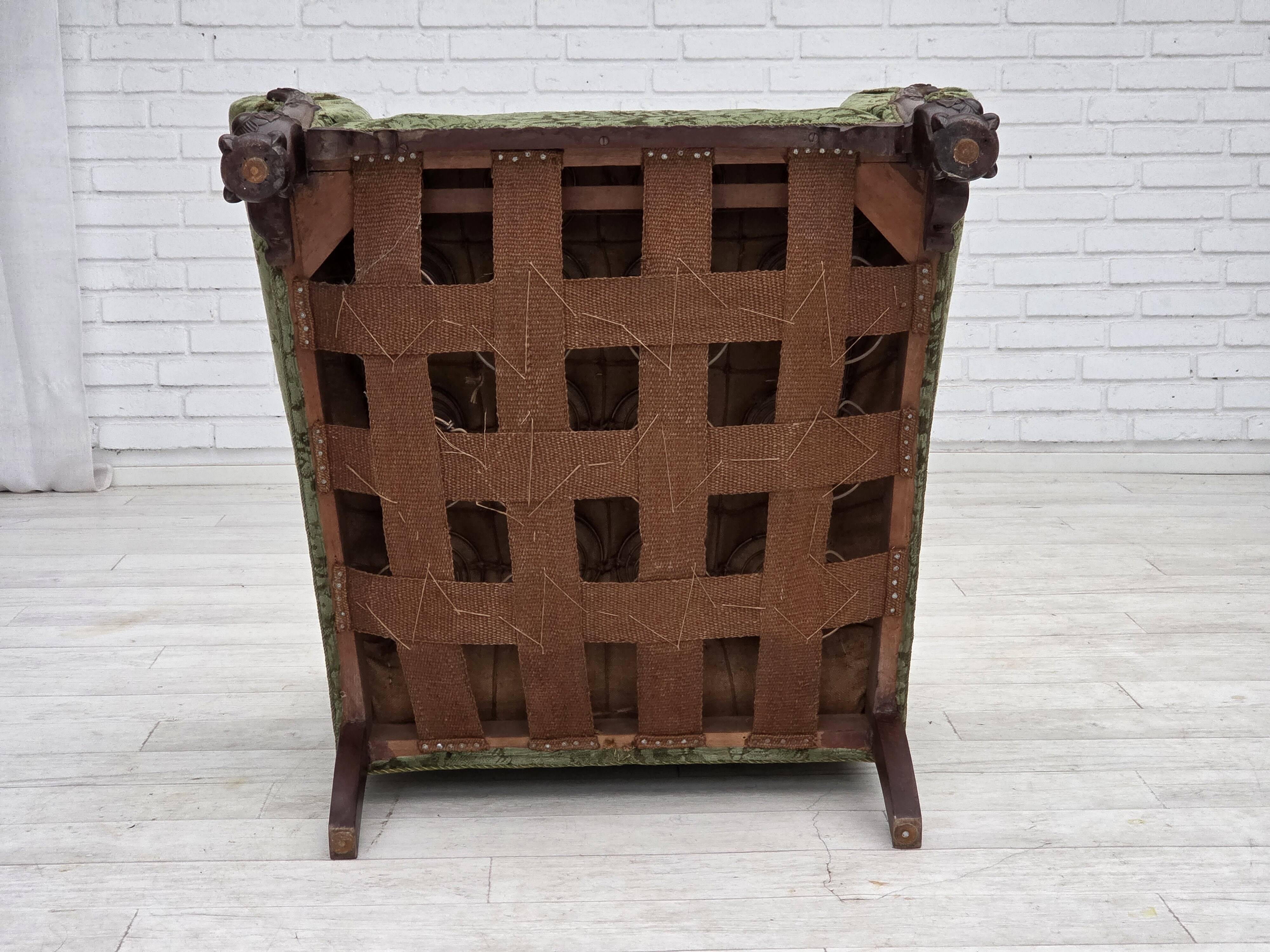 1950s, Danish armchair, green furniture velour, carved oak wood.