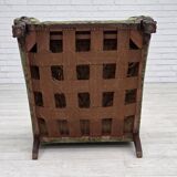1950s, Danish armchair, green furniture velour, carved oak wood.