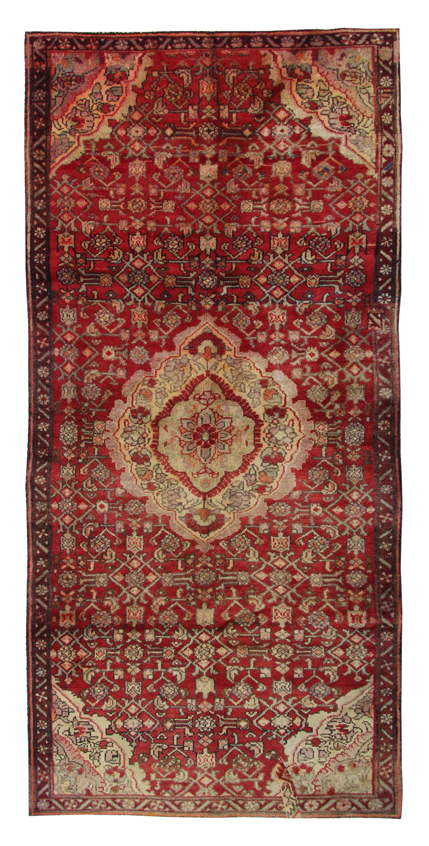 Red cream floral design runner rug long handmade oriental wool carpet 130x273cm