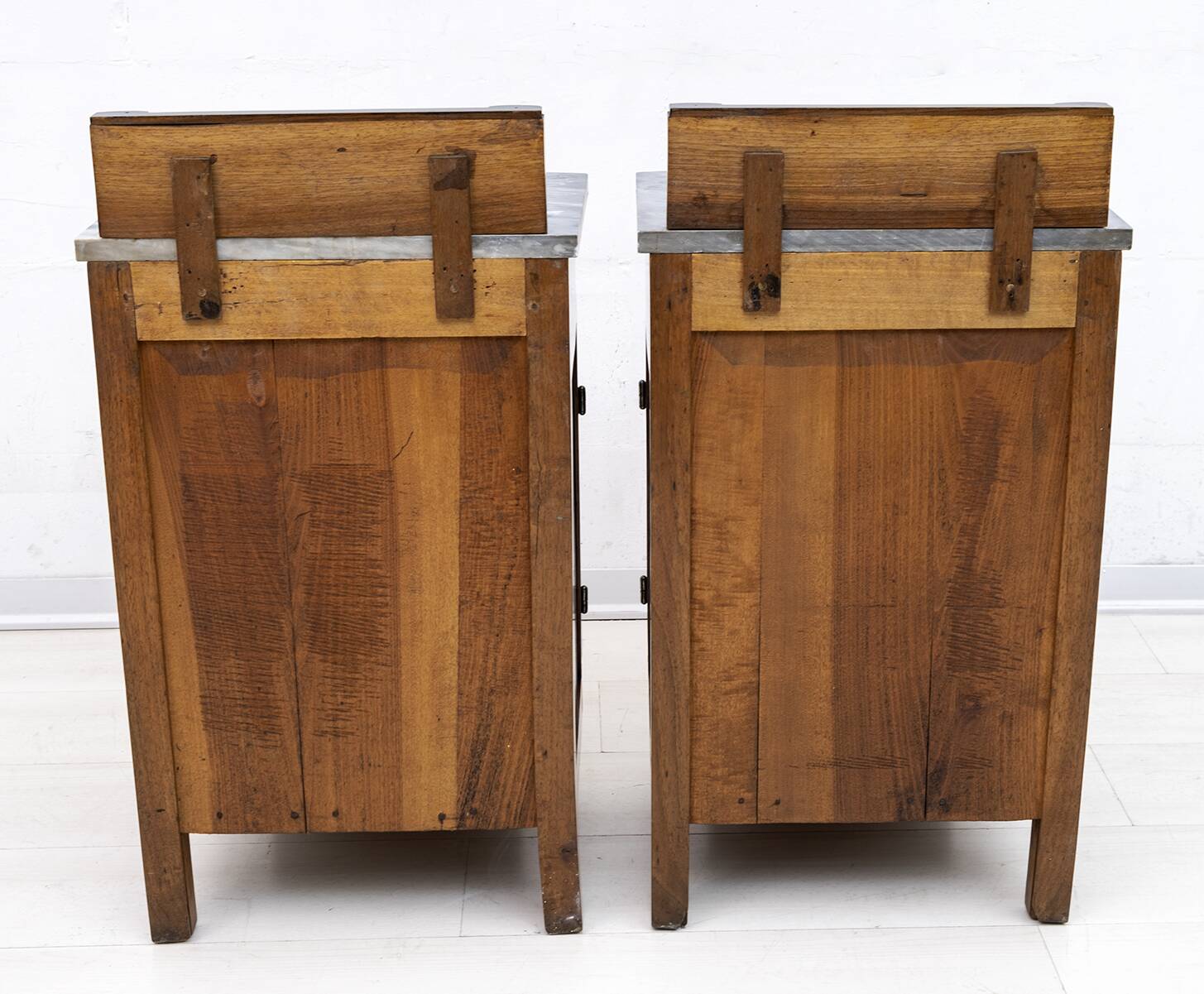 Pair of Art Dèco Italian Walnut and Grafite Gray Marble Bedside Tables,1920