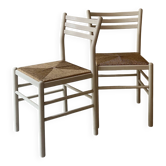 Paire de chaises vintage en bois blanc et paille