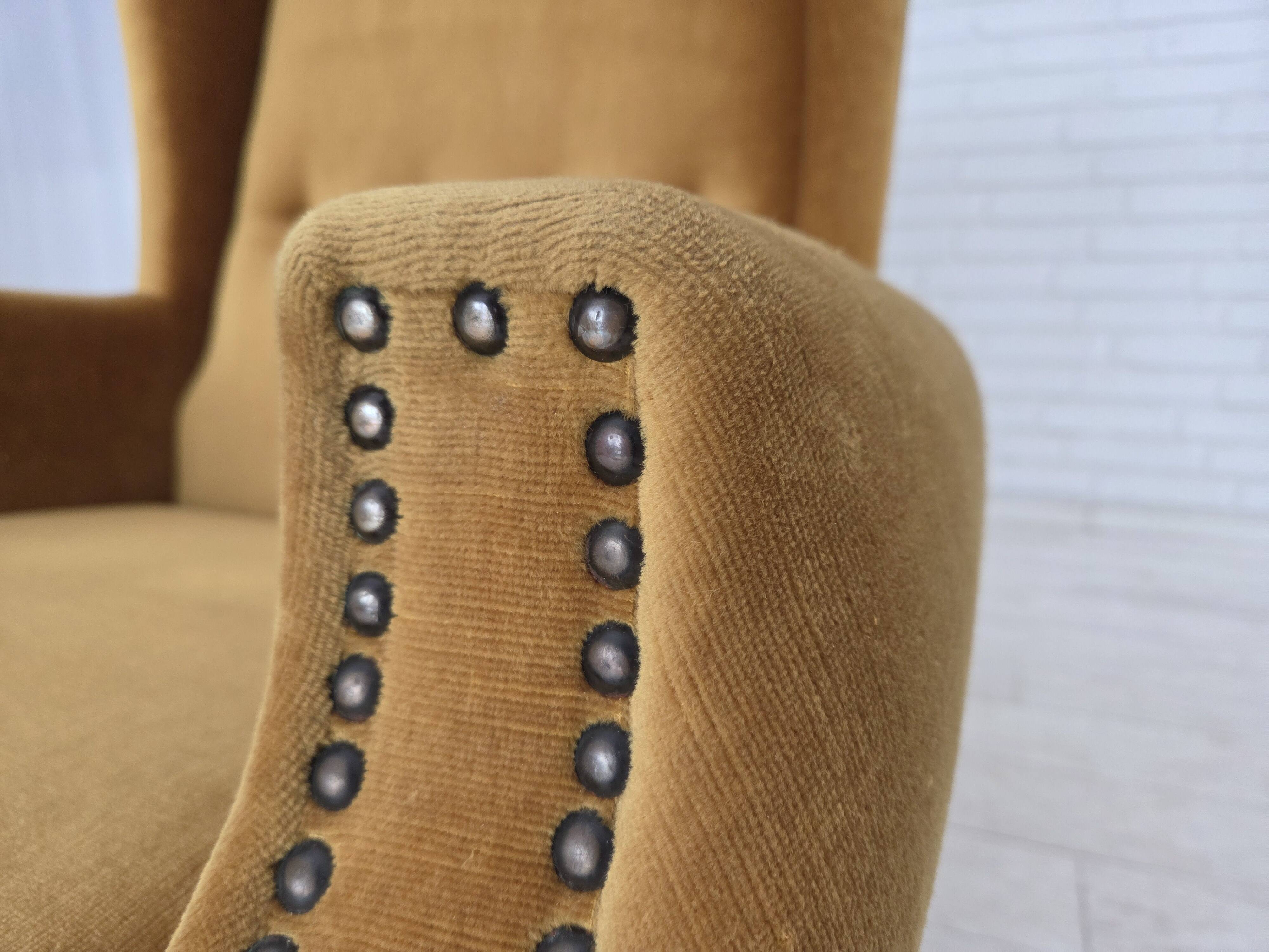 1970s, Danish high back armchair, furniture velour, oak wood legs.