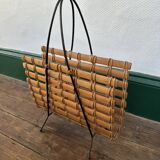 Vintage magazine rack in wood, rattan and wrought iron