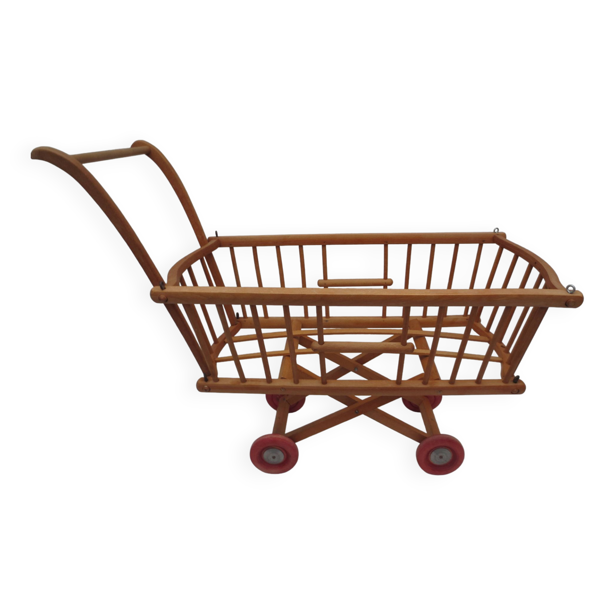 ANCIEN LANDAU DE poupée en osier sur roulettes en bois jouet ancien