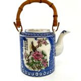 Japanese porcelain teapot with bamboo handle geisha décor and bird on flowers