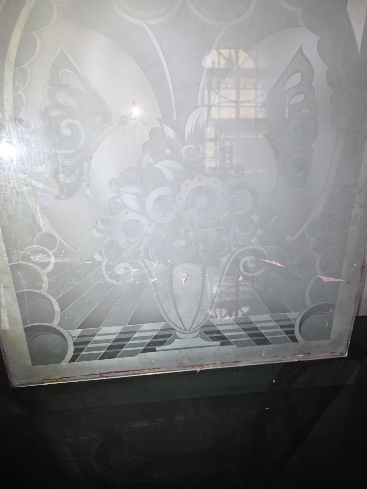 Art Deco engraved glass door panel 1930