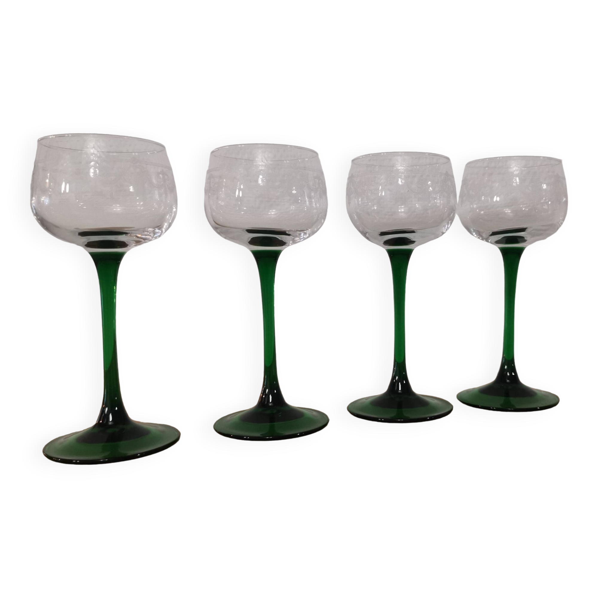 Set of 4 old Alsatian green stemmed wine glasses with vine decor engraved crystal arc