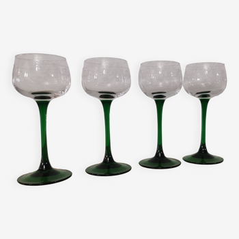 Set of 4 old Alsatian green stemmed wine glasses with vine decor engraved crystal arc