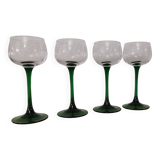Lot de 4 anciens verres à vin à pied vert d'alsace décor vigne gravé arc cristal