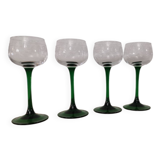 Set of 4 old Alsatian green stemmed wine glasses with vine decor engraved crystal arc