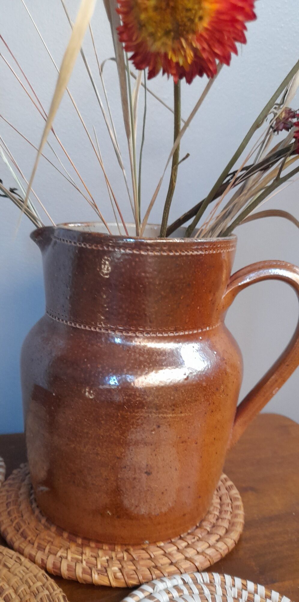 Pitcher in sandstone stamped glazed terracotta, bonny sandstone, handmade