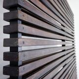 Slatted wood panel room divider or slatted coat rack with 10 mobile hooks