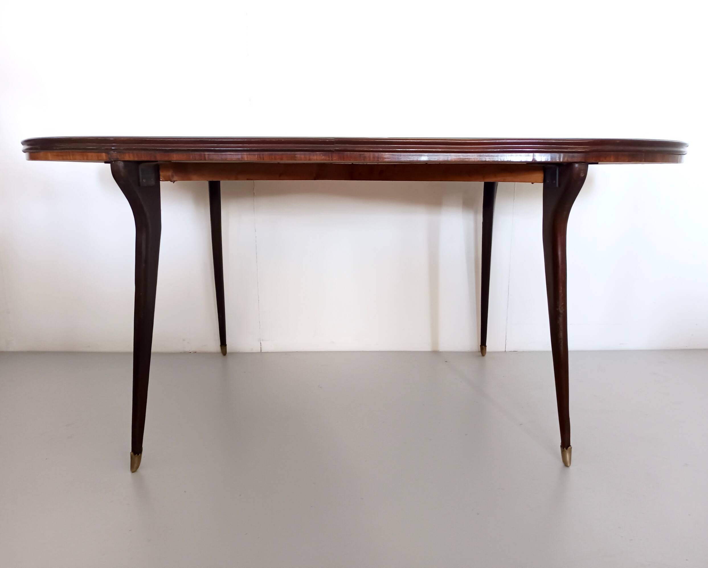 Vintage Beech and Walnut Dining Table with an Oval Gray Glass Top, Italy