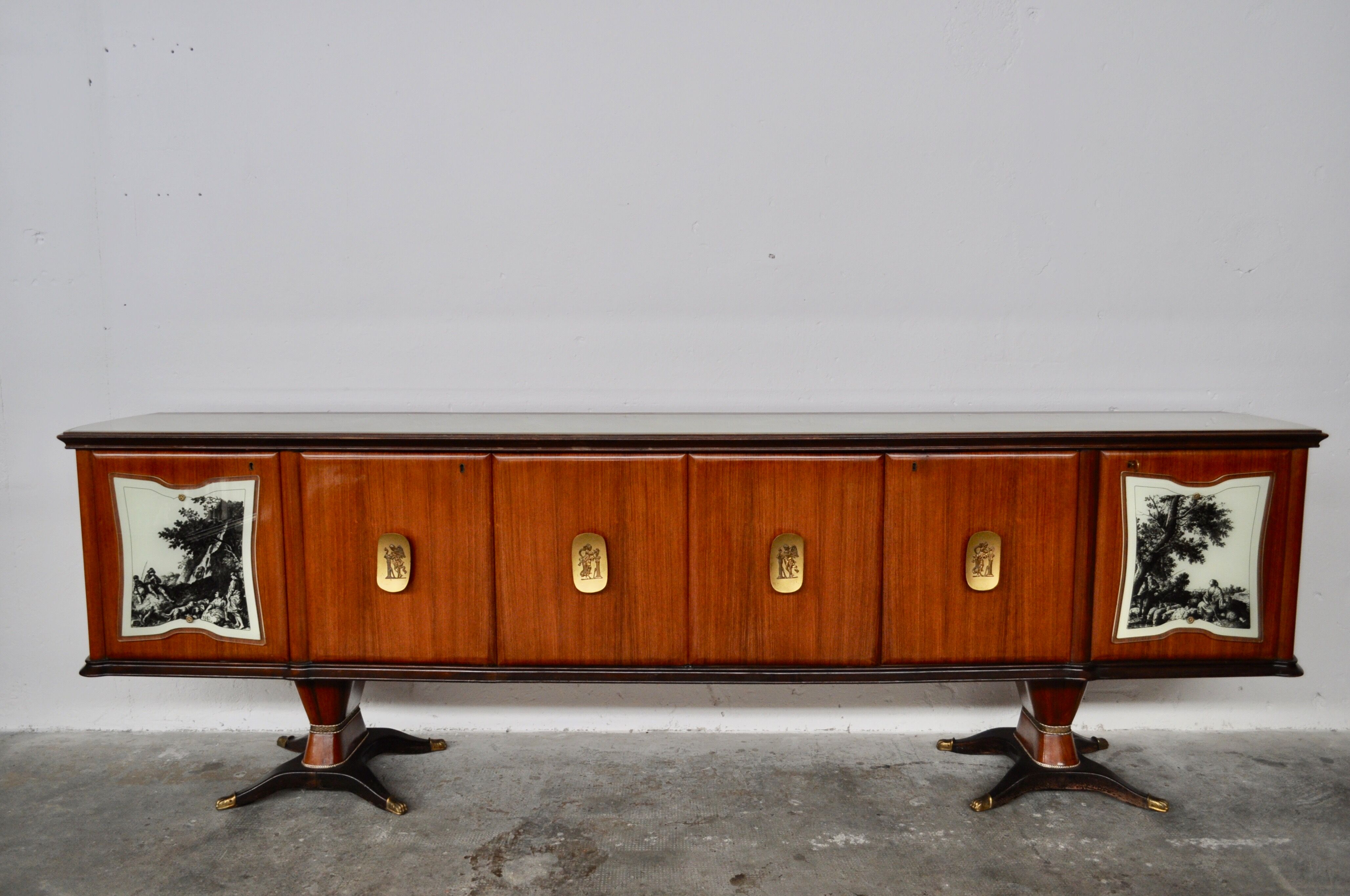 Mahogany, Pearwood, Brass & Marbled Back-Lacquered Glass Top Sideboard with Mirror from F.lli Rigamo