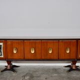 Mahogany, Pearwood, Brass & Marbled Back-Lacquered Glass Top Sideboard with Mirror from F.lli Rigamo