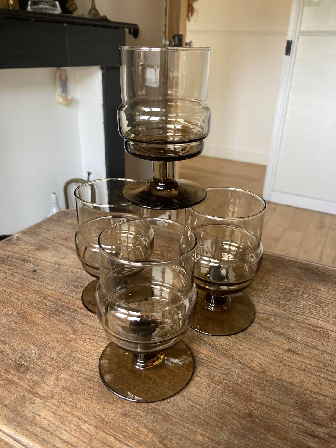 4 vintage smoked glass glasses