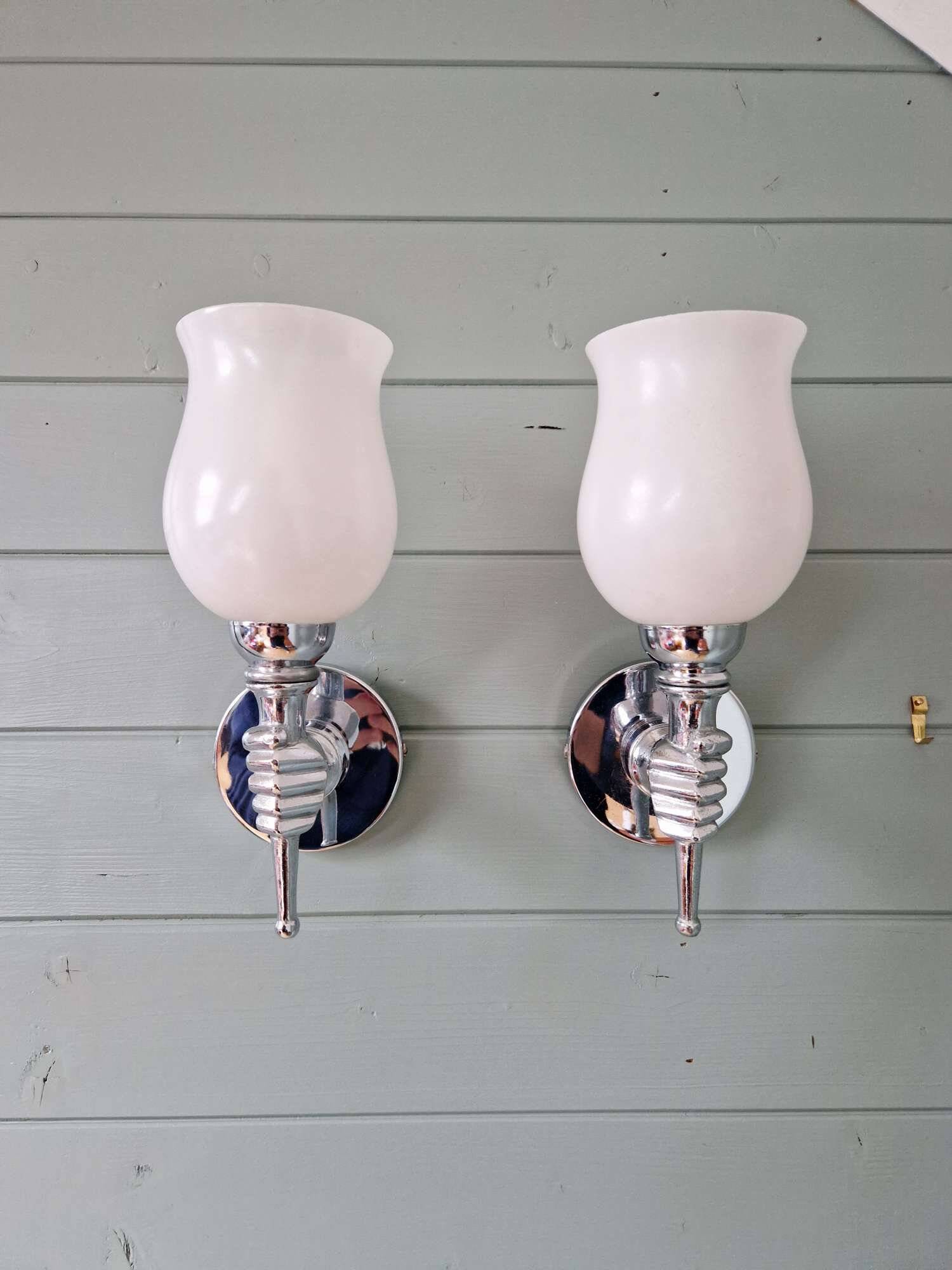 Pair of wall lights in chromed metal and white satin glass, 1960